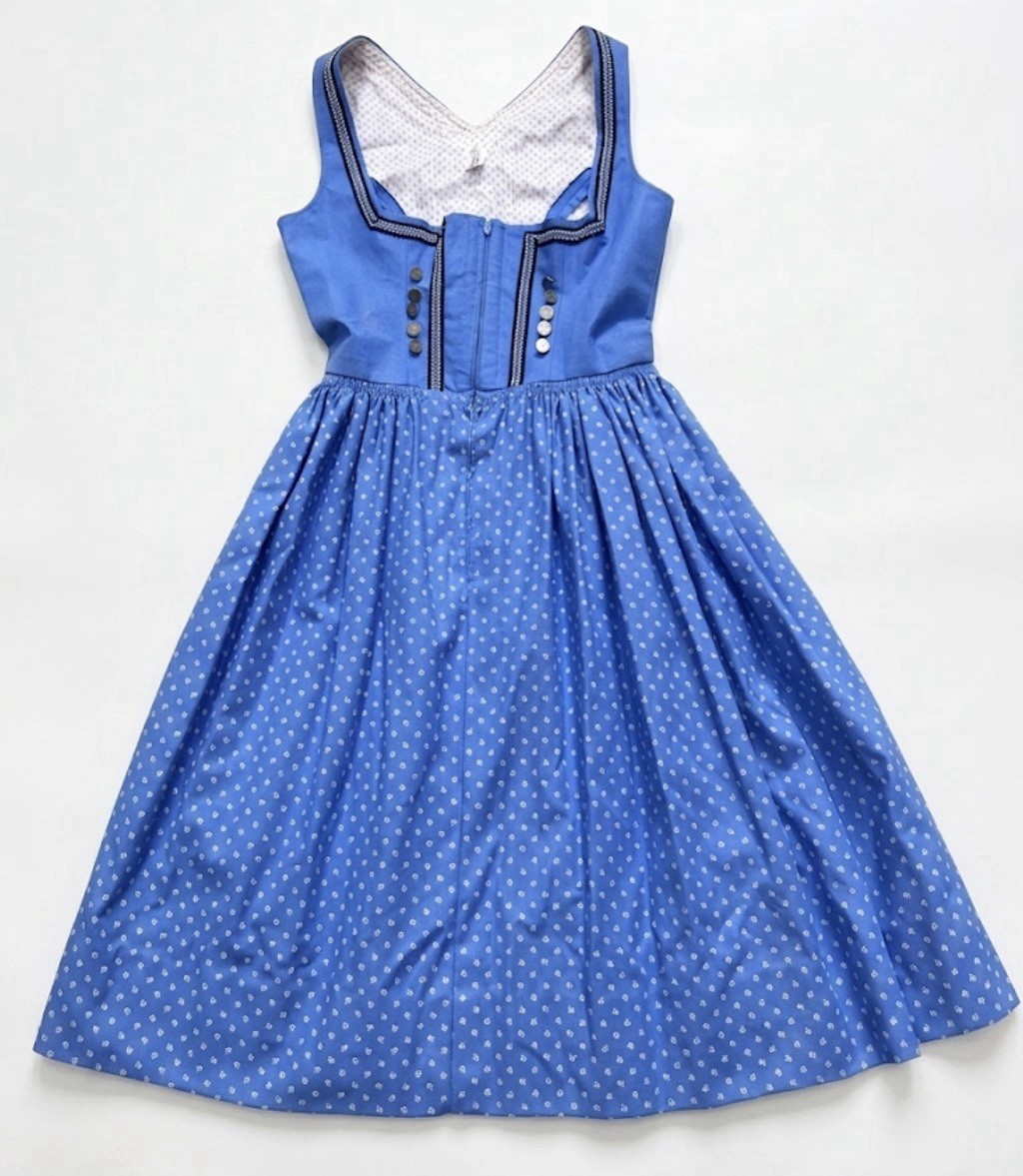 Austrian Dirndl Dress Blue Linen Trachten Folk Coin Button Cottagecore 36 VTG