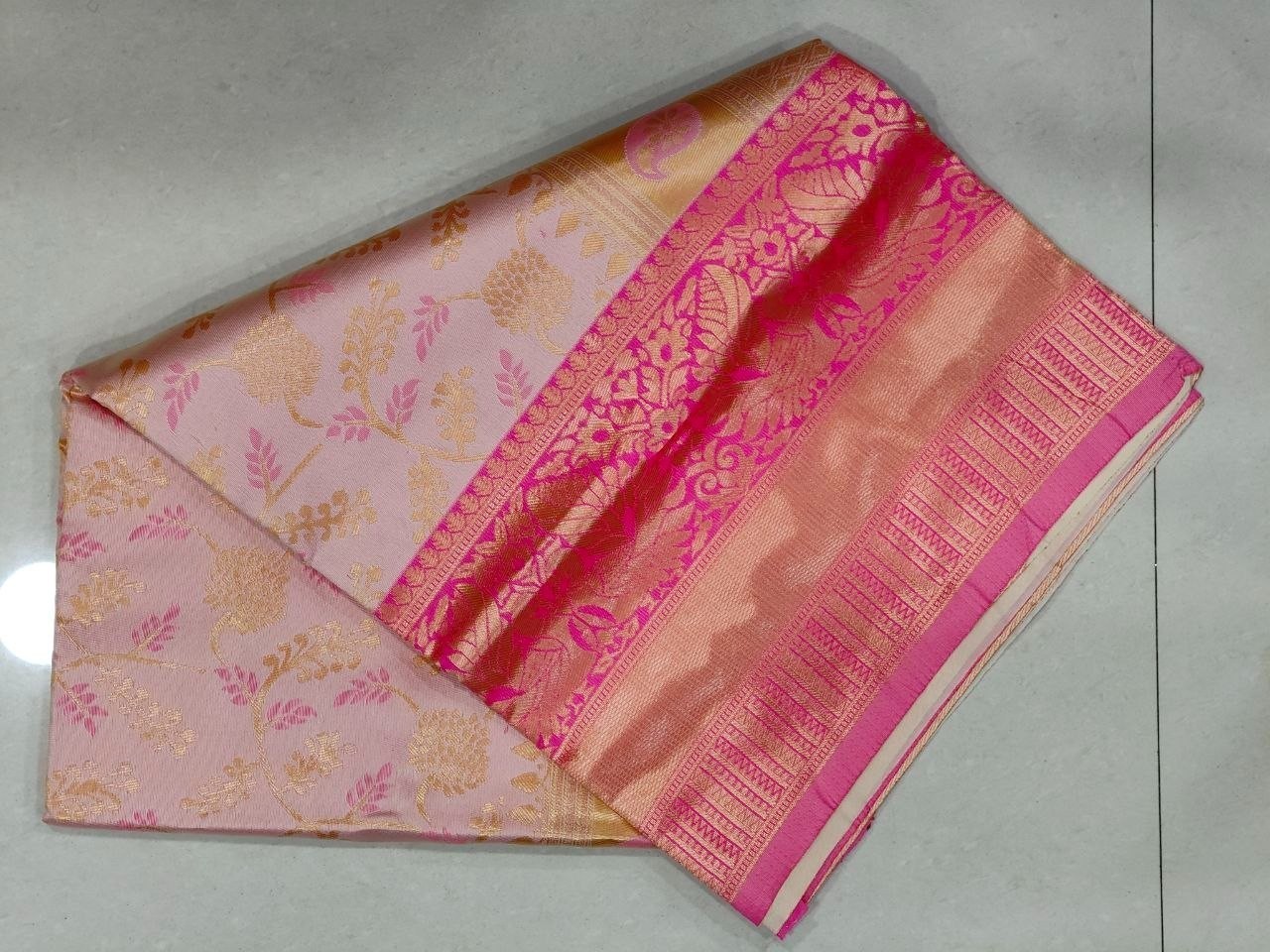 Wedding Wear Golden Beige Pink Lichi Silk Saree Jacquard Weaving Indian Ethnic