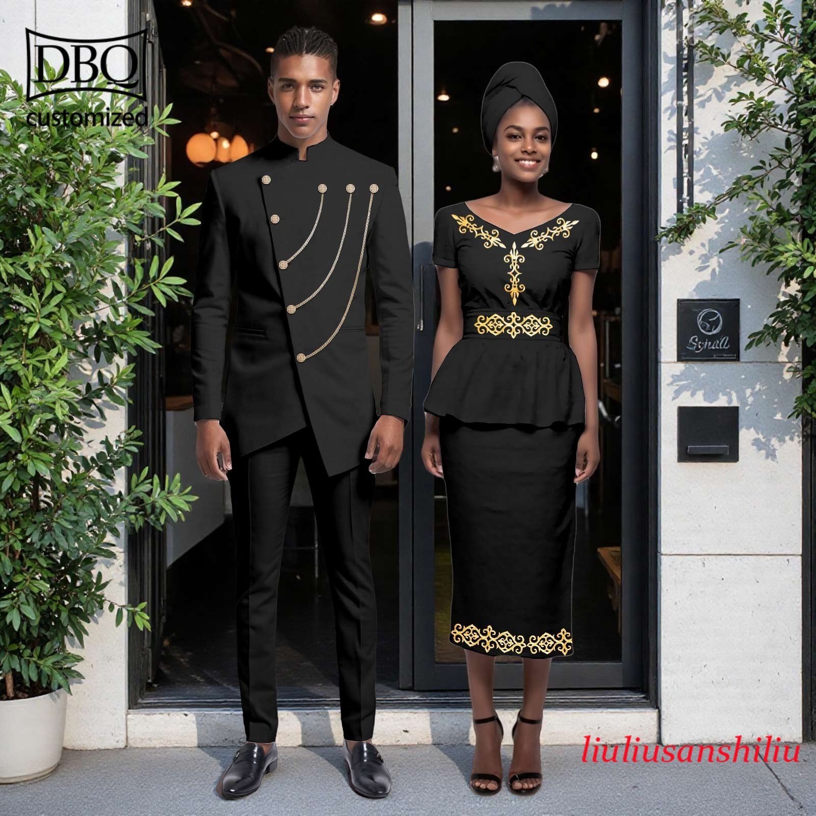 African Couple Matching Clothes Solid Men Jacket Pants Set Women Shirt Skirt Set