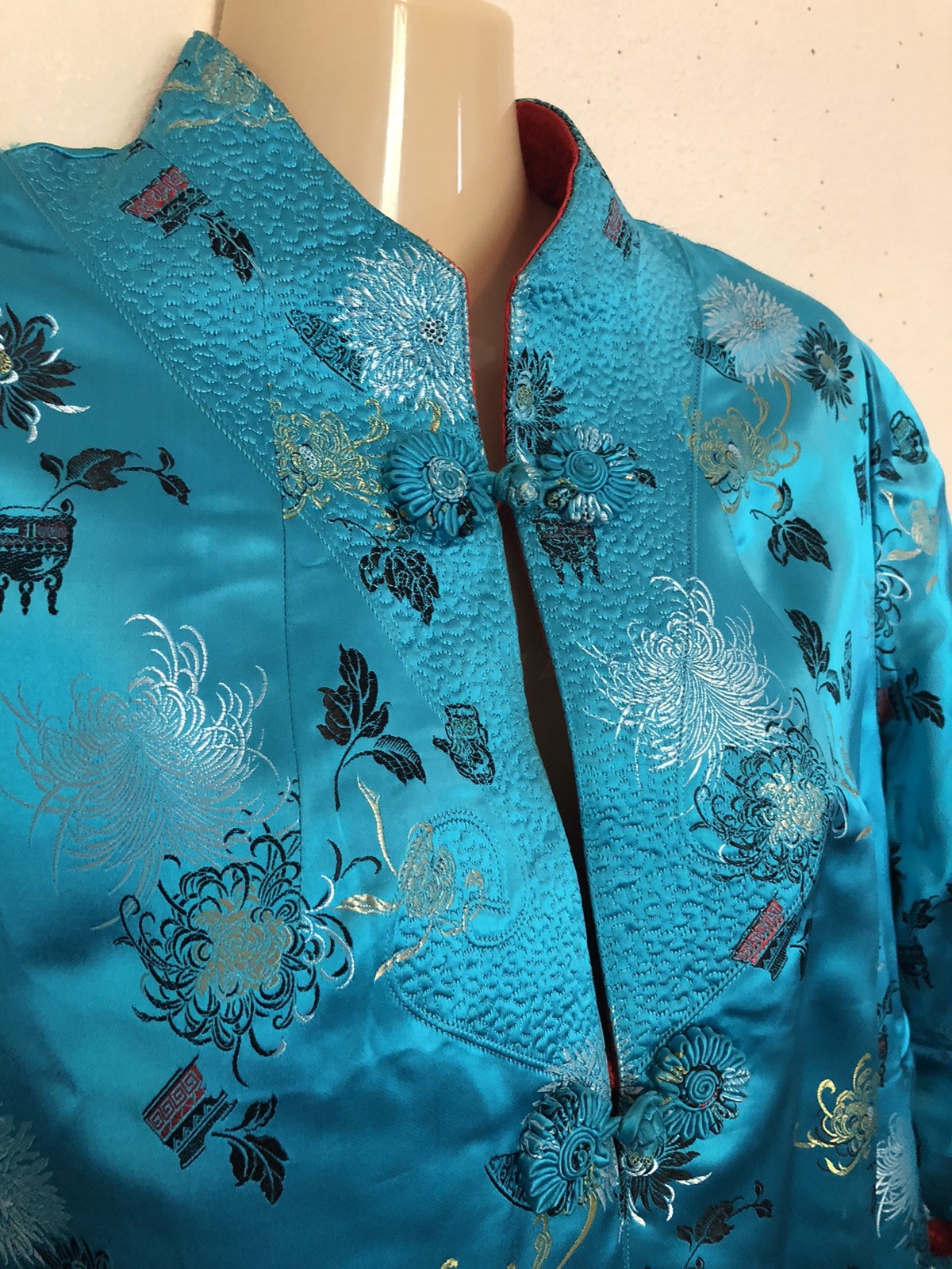 Vtg Peony Brand Chinese Kimono Size 38 Women’s S-M Reversible Blue Or Red FLAWED