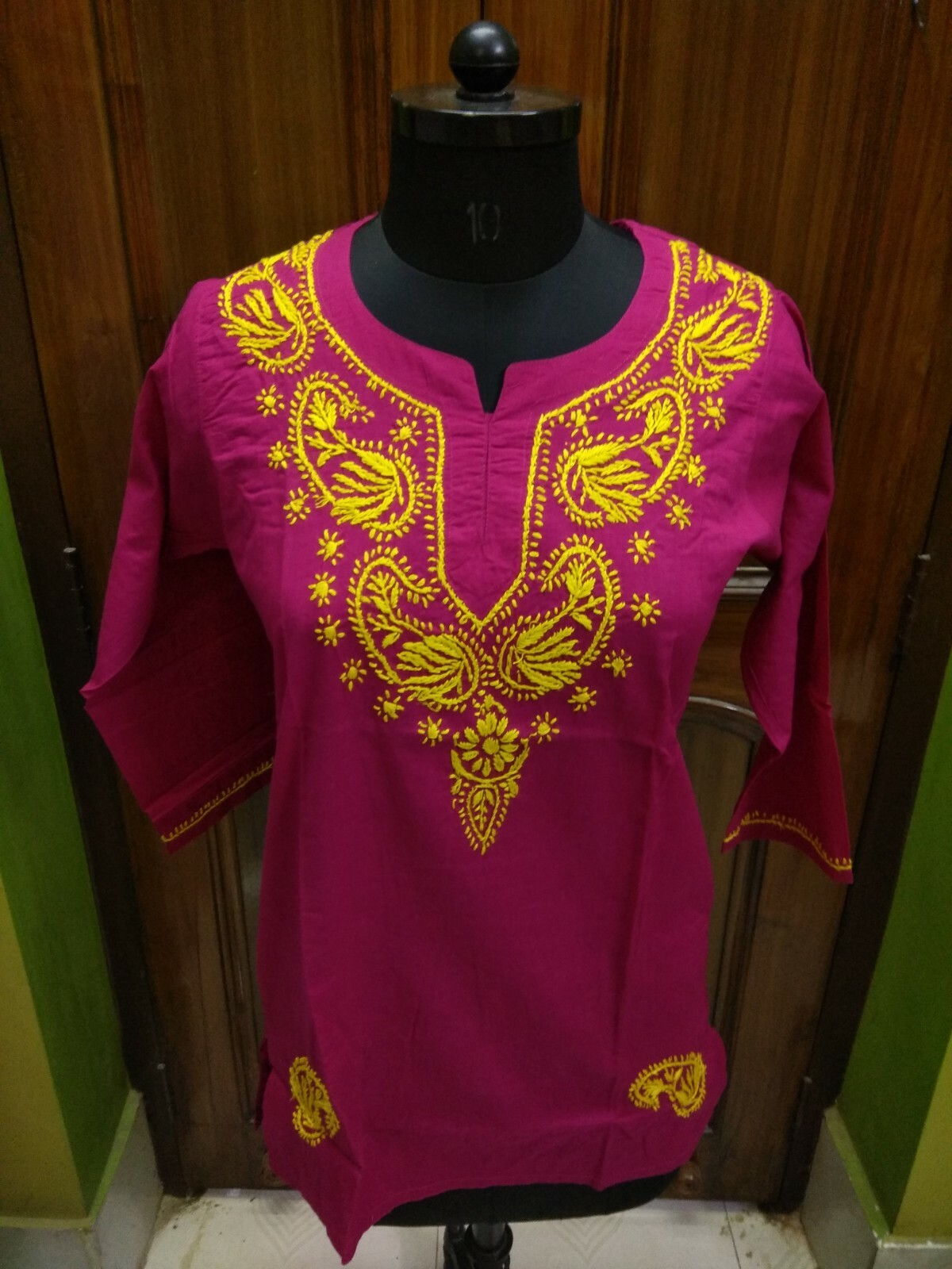 XS 37 HANDMADE 100% COTTON ETHNIC CHIKAN EMBROIDERY TOP KURTA KURTI TUNIC BLOUSE