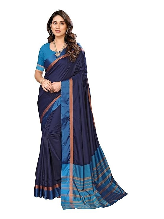 Women’s Striped Pattern Cotton Silk Saree and Unstitched Blouse Piece