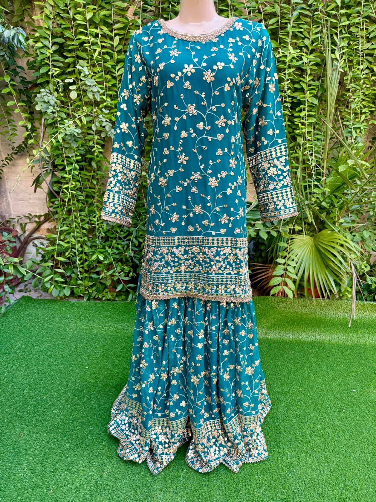 Pakistani Teal Straight Style Embroidered Sequins Chiffon Gharara Dress,L