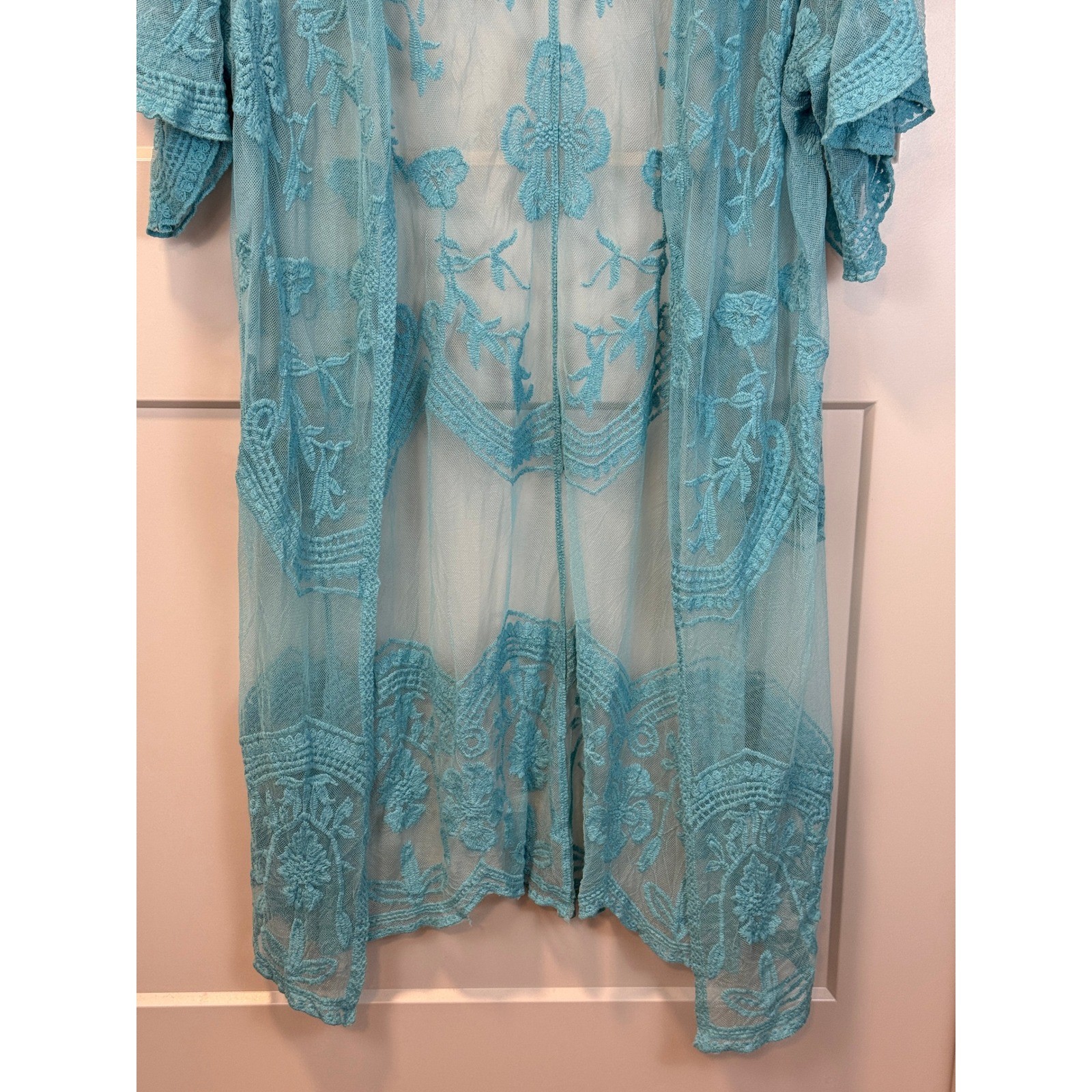 Woven Heart Aqua Floral Lace Long Kimono One Size Boho Cottagecore