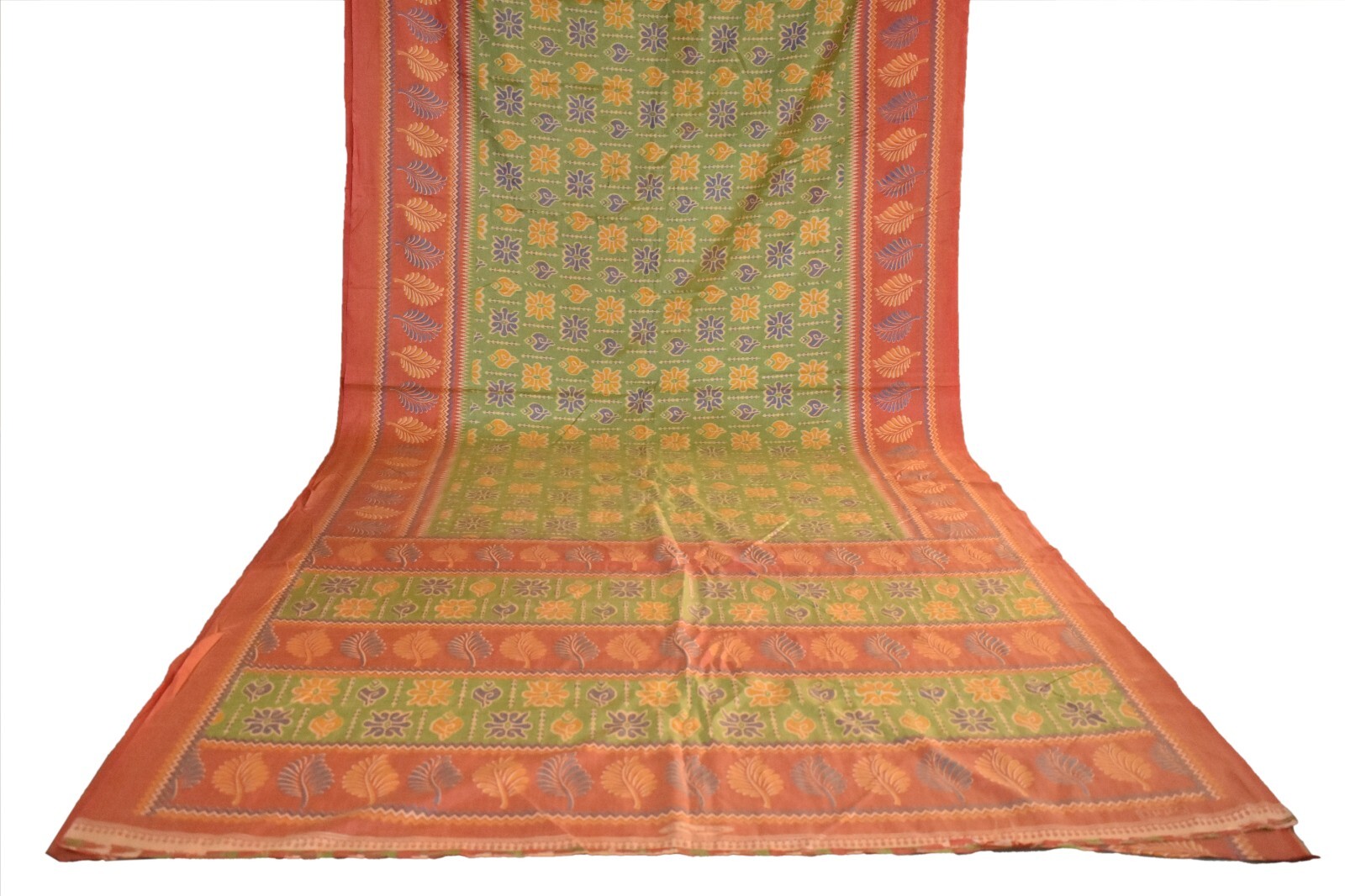 FNC Vintage Green Sambalpuri Ikat Sarees Handwoven Art Silk Sari Fabric Antique