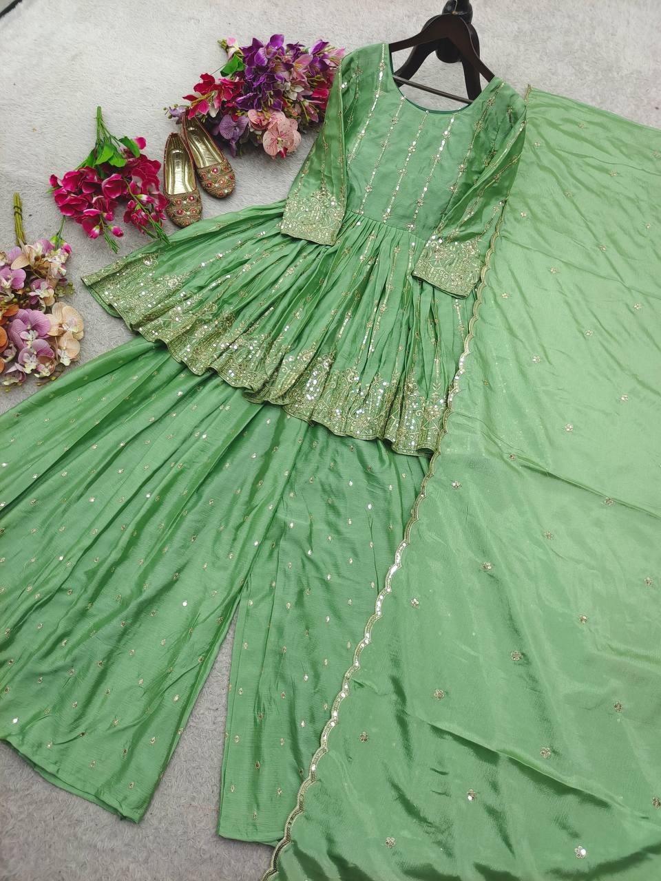 Unique Designer Chinnon Silk Kurta Palazzo With Dupatta For Women