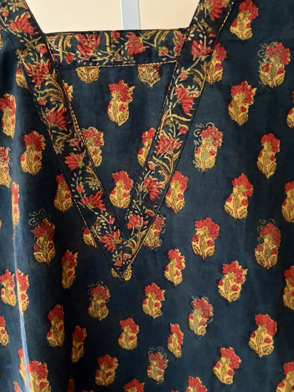Hand Embroidered Indian Kurti Navy Beaded Tunic Dress Slit Sides Sz M Simple