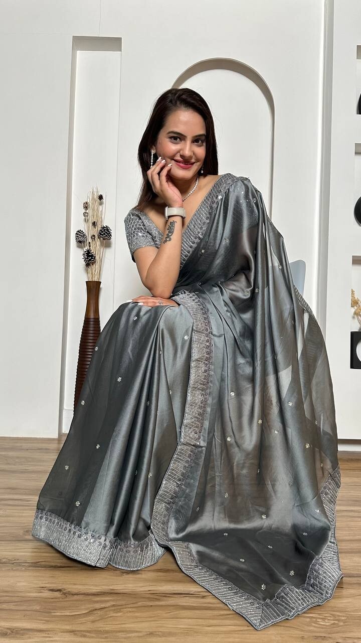 Presenting Stylish Rangoli Silk Saree With Gray Blouse For Women And Girls Wear