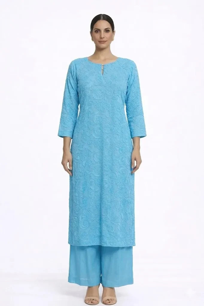 Women’s Georgette Chikankari Kurti Set Embroidered Tunic Pants Plus Size Outfit