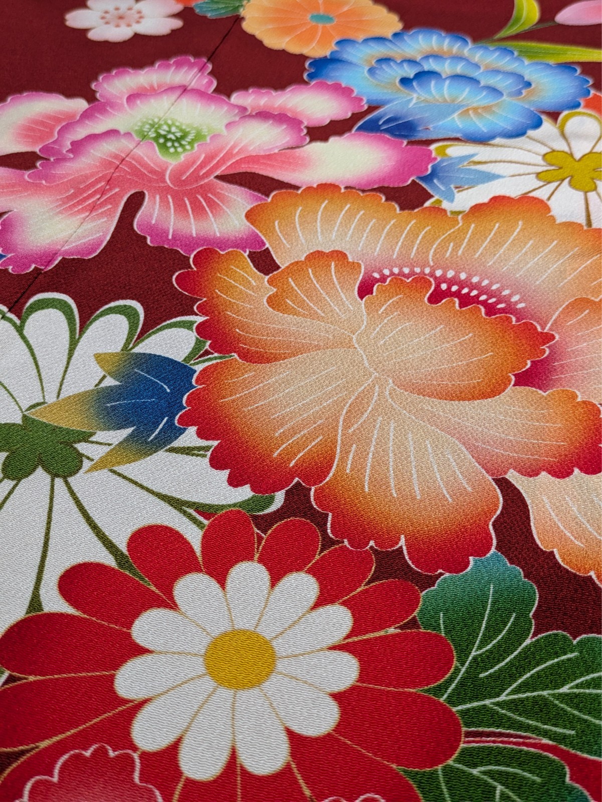 Japanese Kimono Silk Furisode Red Clouds Yuzen Colored Floral Big Oni-chirimen