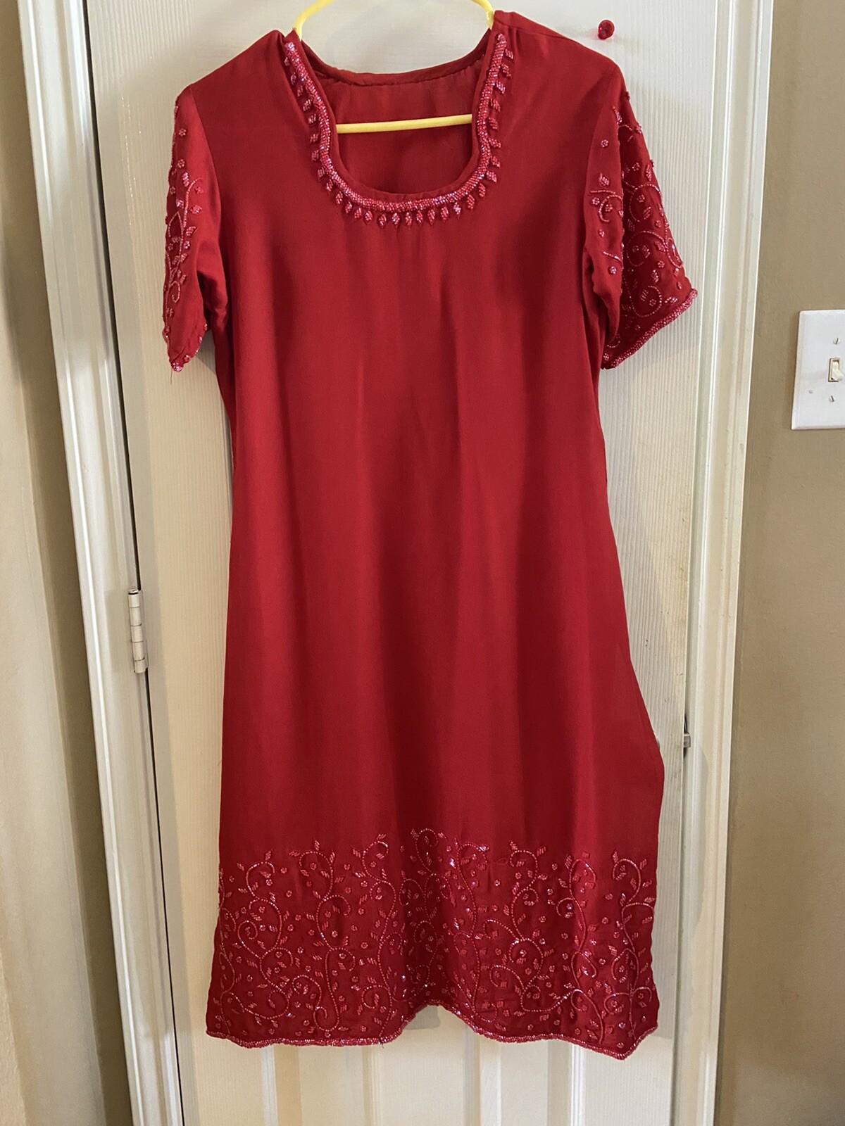 Indian Pakistani Women Red Sequins / Moti Work Party Wear Suits