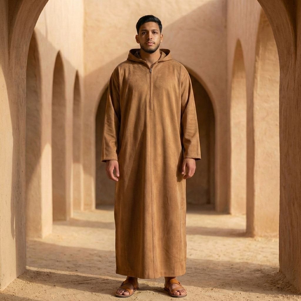 Men Camel Brown Hooded Suede Thobe Emirati Omani Zip Islamic Clothing Kaftan Eid