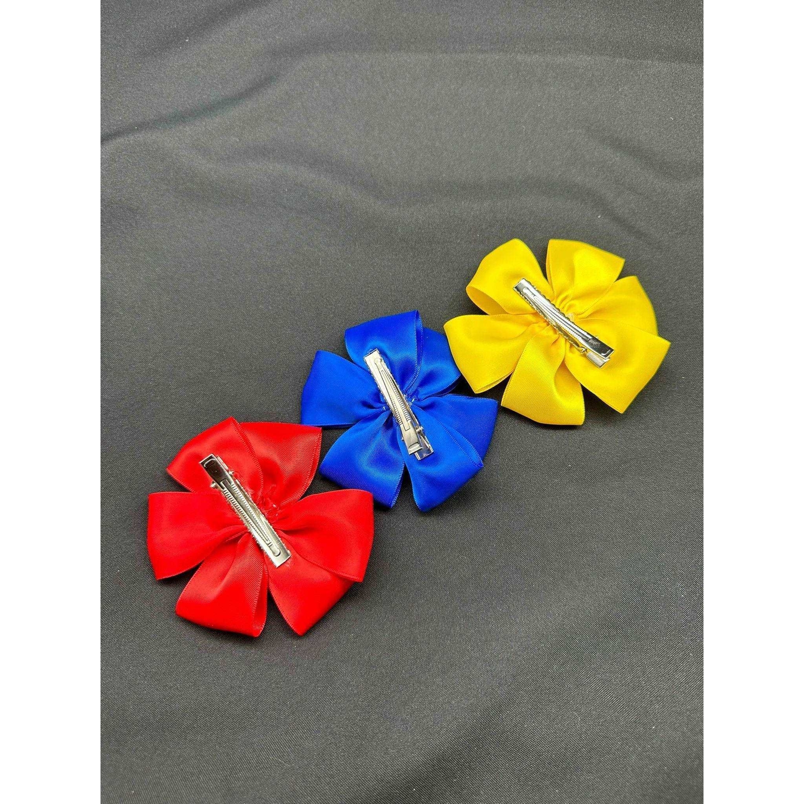 3-Piece Satin Hair Clips Set in Yellow, Blue, and Red with Large Pearls and