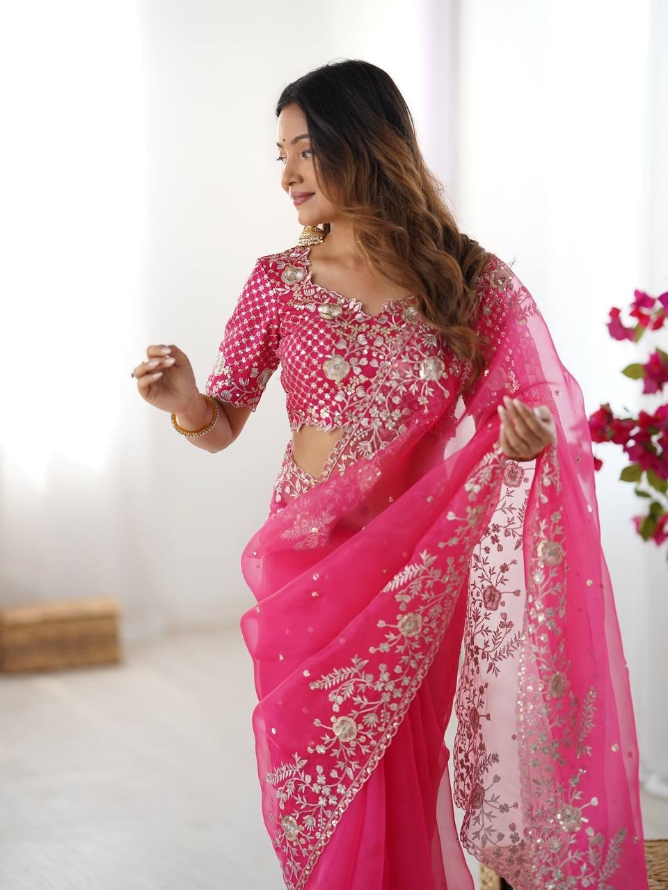 Designer Party Wear Organza Silk Saree With Blouse For Women & Girls