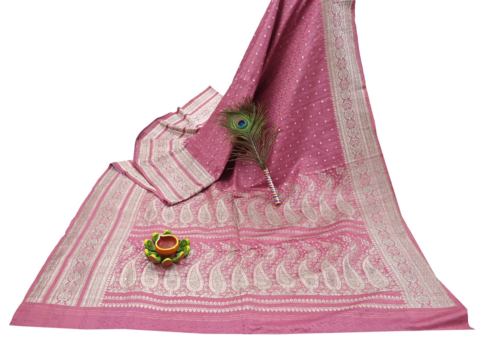 Indian Vintage Sari Heavy Pink Pure Satin Silk Woven Brocade Banarasi Sari 5yd