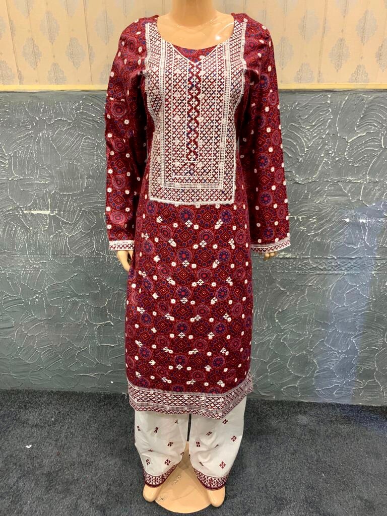 Pakistani Maroon Ajrak Printed Straight Shirt 3-PCS Lawn Dress, Threadwork,L#1
