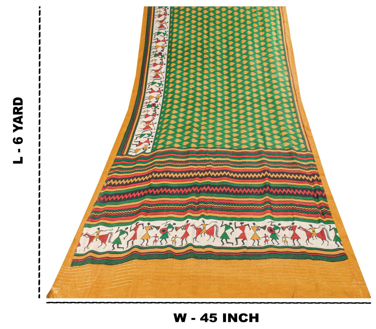 Sanskriti Vintage Green Pure Woolen Saree Warli Print Sari 6Yd Soft Craft Fabric