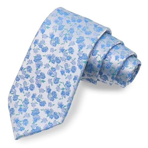 Floral Ties for Men Satin Mens Tie Flower Printed Neck Tie Wedding Blue,white