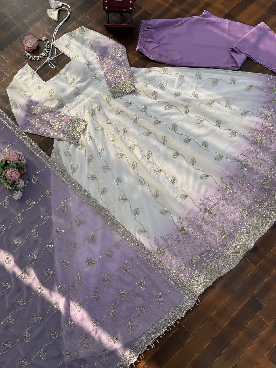 Beautiful Star Georgette White Gown Bottom With Dupatta For Functional Wear
