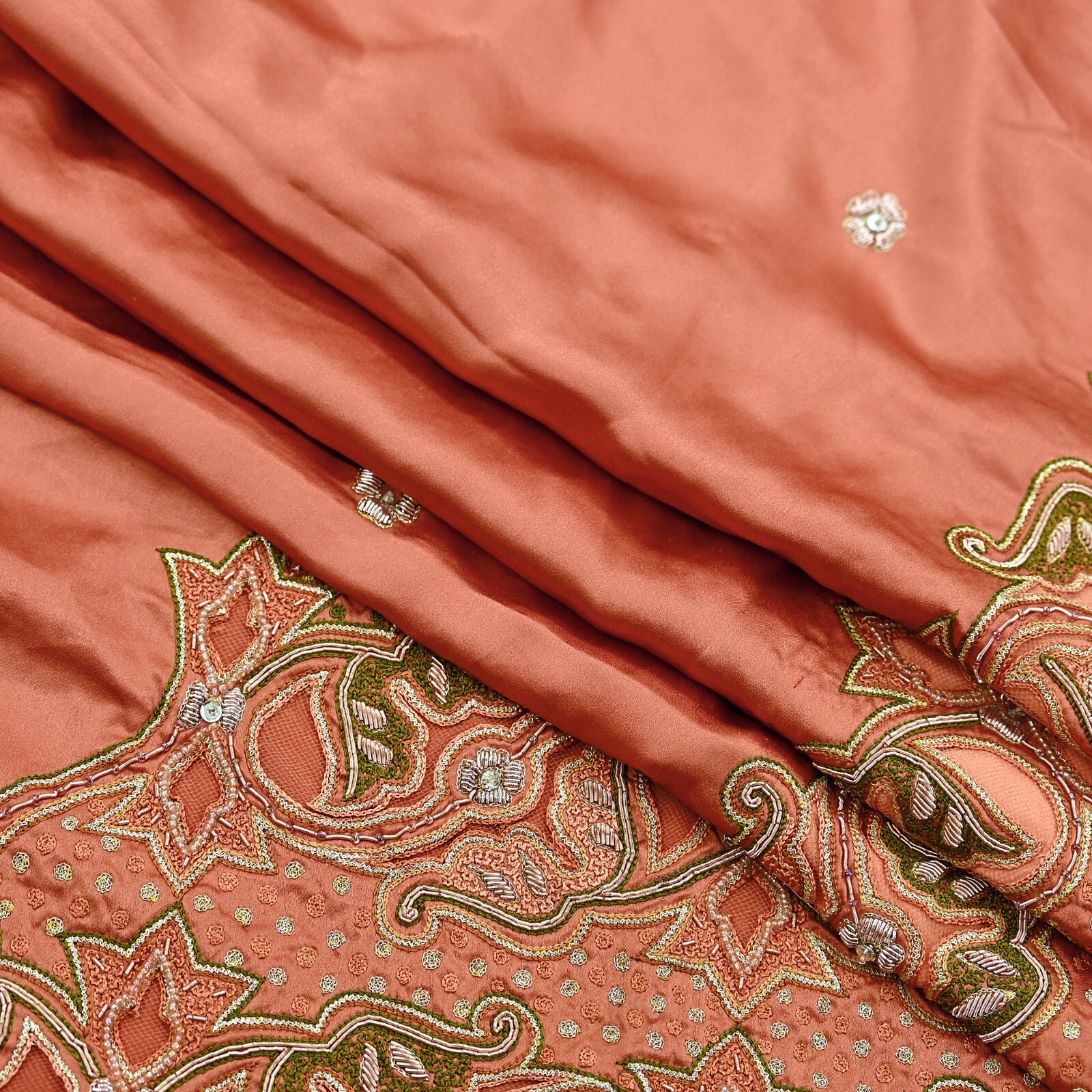 Vintage Heavy Peach Sari Hand Embroidered Saree Pure Satin Silk 5yd Ethnic Dabka