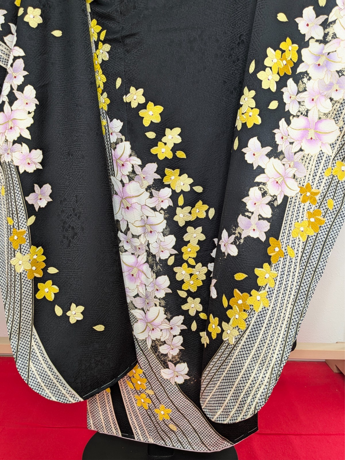 Japanese Kimono Silk Furisode Black Yellow & Purple Flowers Vertical Waves Art