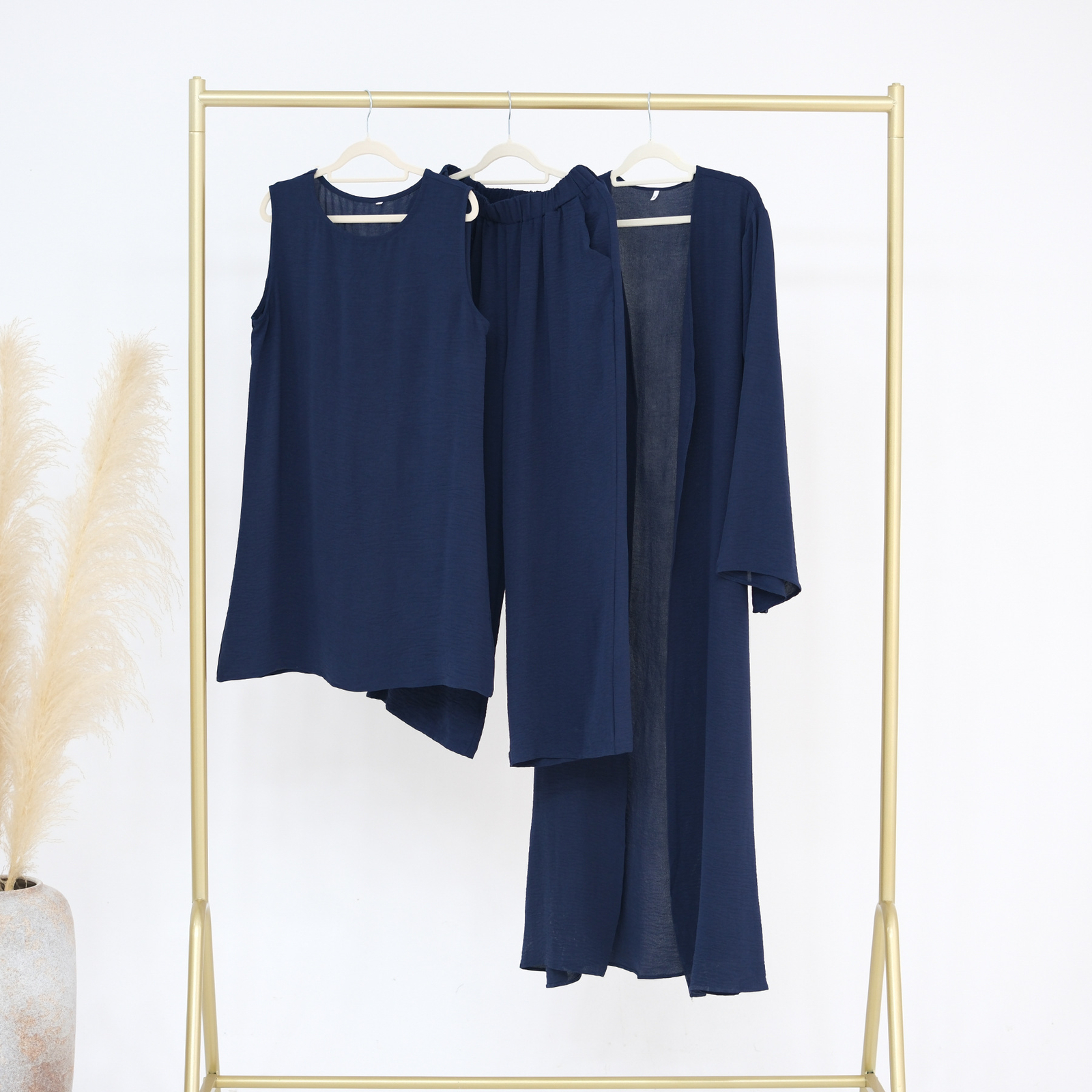 Muslim Women 3pcs Set Open Kimono Vest Pants Kaftan Dress Dubai Abaya Outfits