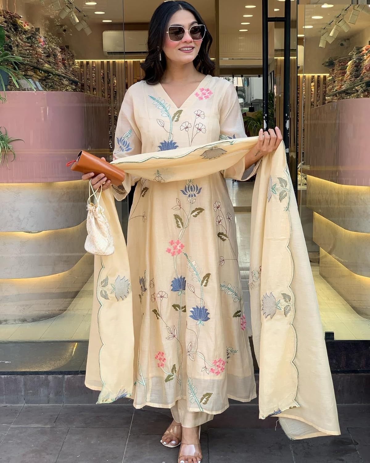 Women’s Elegant Chanderi Cotton Embroidered Anarkali Kurta Set with Dupatta
