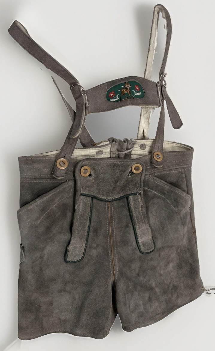 Vtg Suede Leather German Children’s Kids Gray Lederhosen Shorts Bib Octoberfest