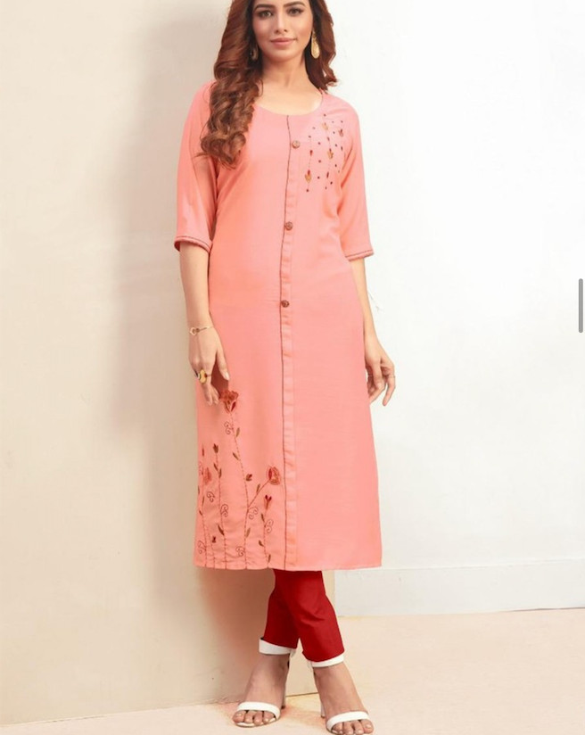 Pink Slub Regular Wear Embroidery Work Kurti