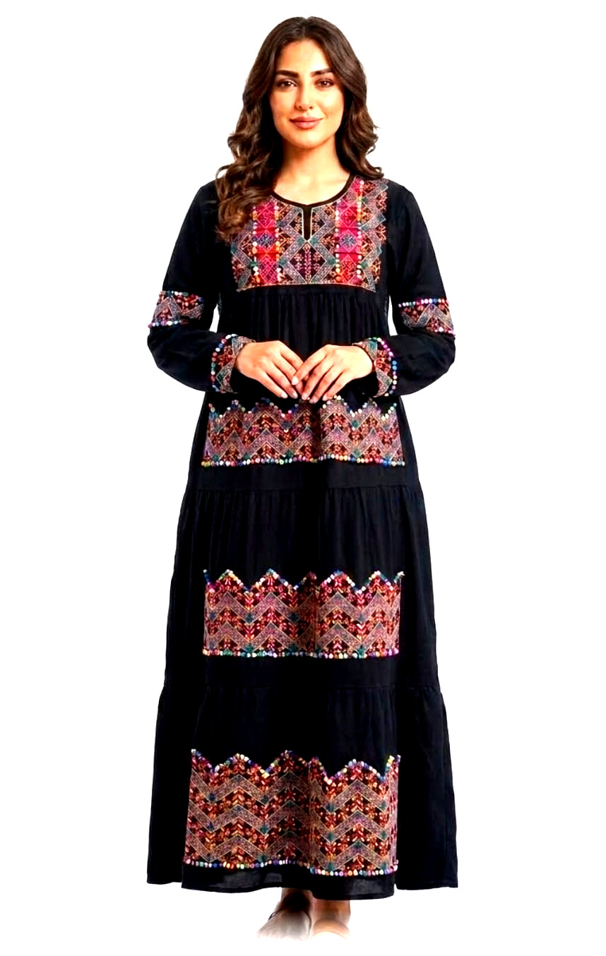 Modern Palestinian Thobe Kaftan Black Abaya – Embroidered and beaded . XL