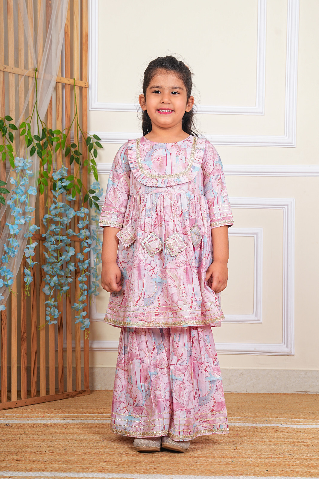 Indian Pakistani Kids Girl Cotton Floral Printed Gota Work Kurti with Sharara