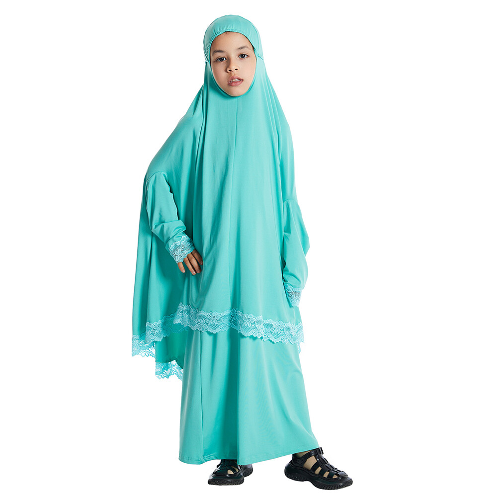 Two Piece Girls Kids Overhead Khimar Hijab Skirt Set Muslim Girls Prayer Dress