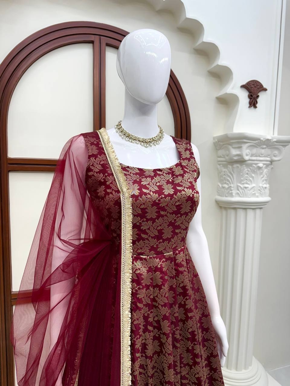 Stylish Look Chanderi Jacquard Maroon Gown Bottom With Dupatta For Party Wear