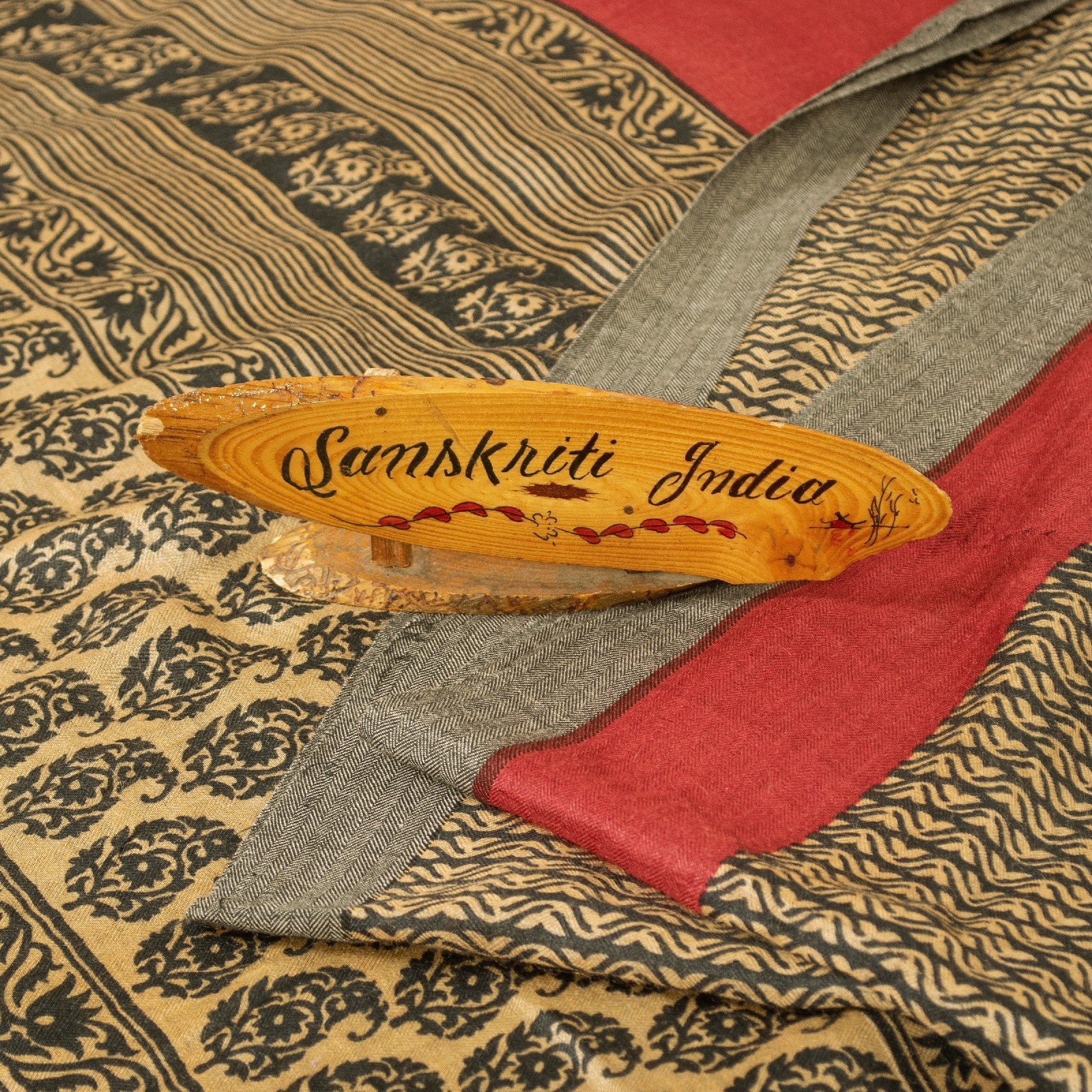 Sanskriti Vintage Sarees Brown & Black Block Printed Pure Woolen 5+Yd Warm Sari