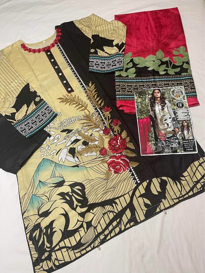 Brand new 3pcs LINEN full SEQUINS embroidered shirt duppatta TROUSER size -L 46