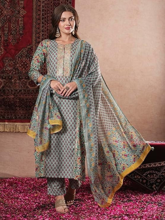 Women Green Printed Kurta With Pants & Dupatta , Indian Plus Size Salwar Kameez