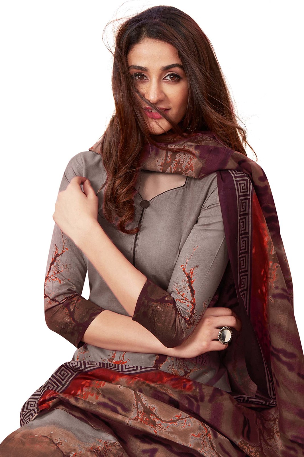 Miraan Cotton Printed Salwar Suit for Women Brown Readymade Medium Size