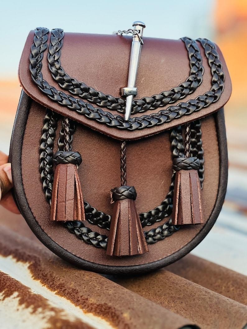 Scottish Brown Leather Sporran Handmade Braided Tassels with Belt