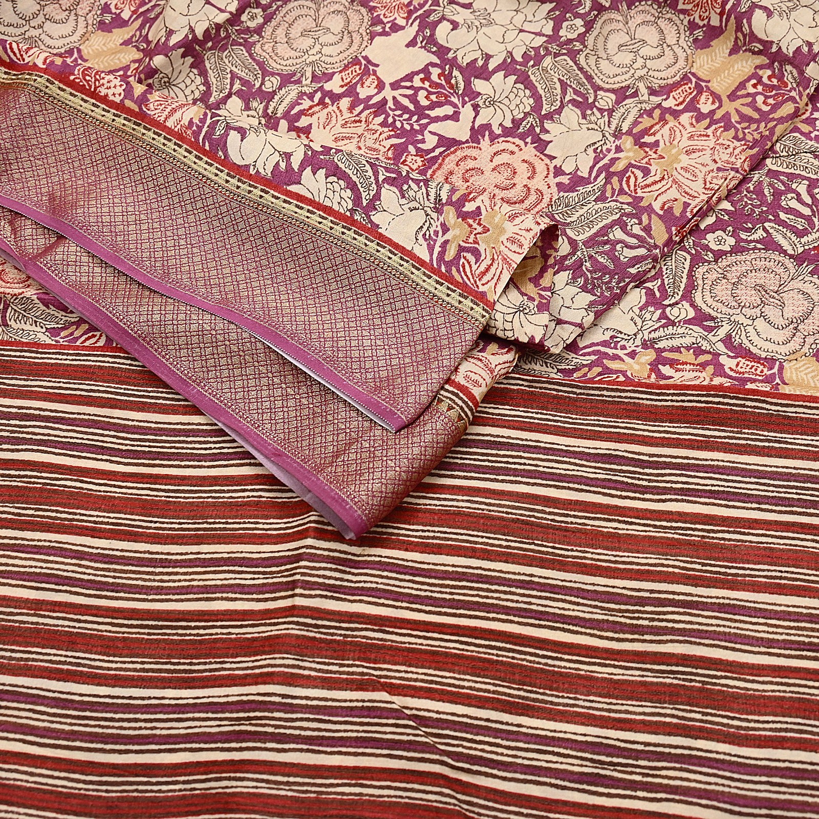 Vintage Purple beige Pure Khadi Silk Saree 5Yd Handloom Indian Sari Soft Fabric