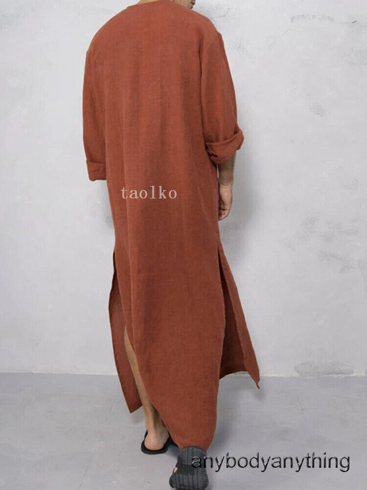Mens Cotton Muslim Clothing Long Sleeve Islamic Saudi Arab Kaftan Robe Loose Fit