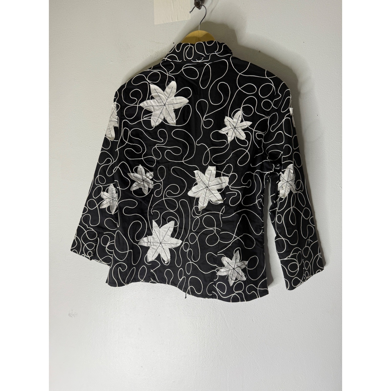 Samuel Dong Full Dual Zip Jacket Black White Embroidered Applique Cotton size M
