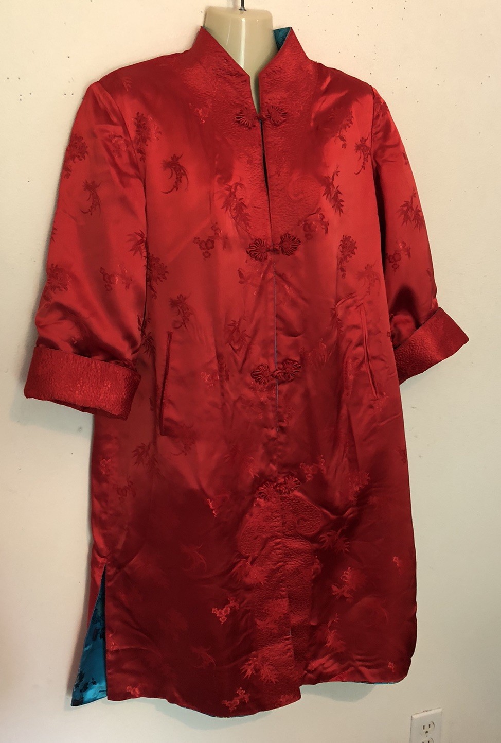 Vtg Peony Brand Chinese Kimono Size 38 Women’s S-M Reversible Blue Or Red FLAWED
