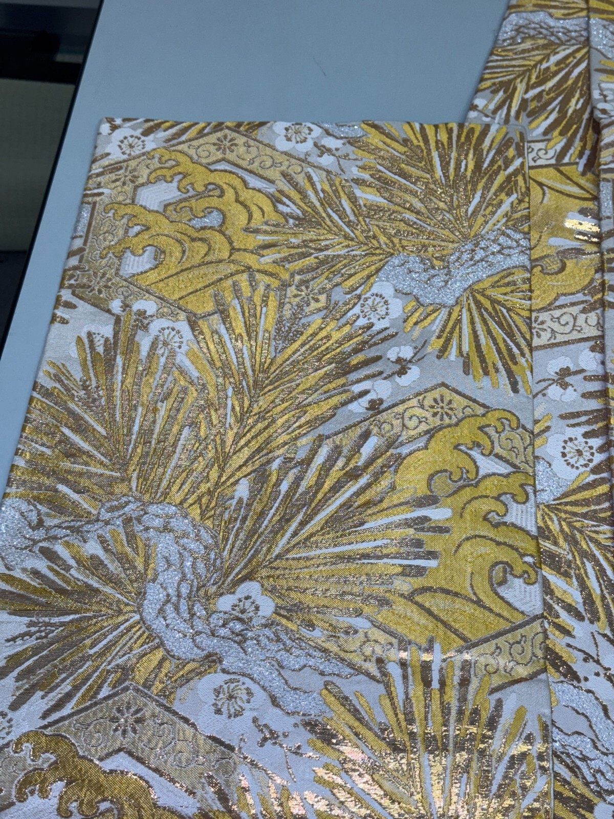 Japanese Vintage Kimono Maru Obi silk Gold Embroidery Reversible 153.5×11.8in