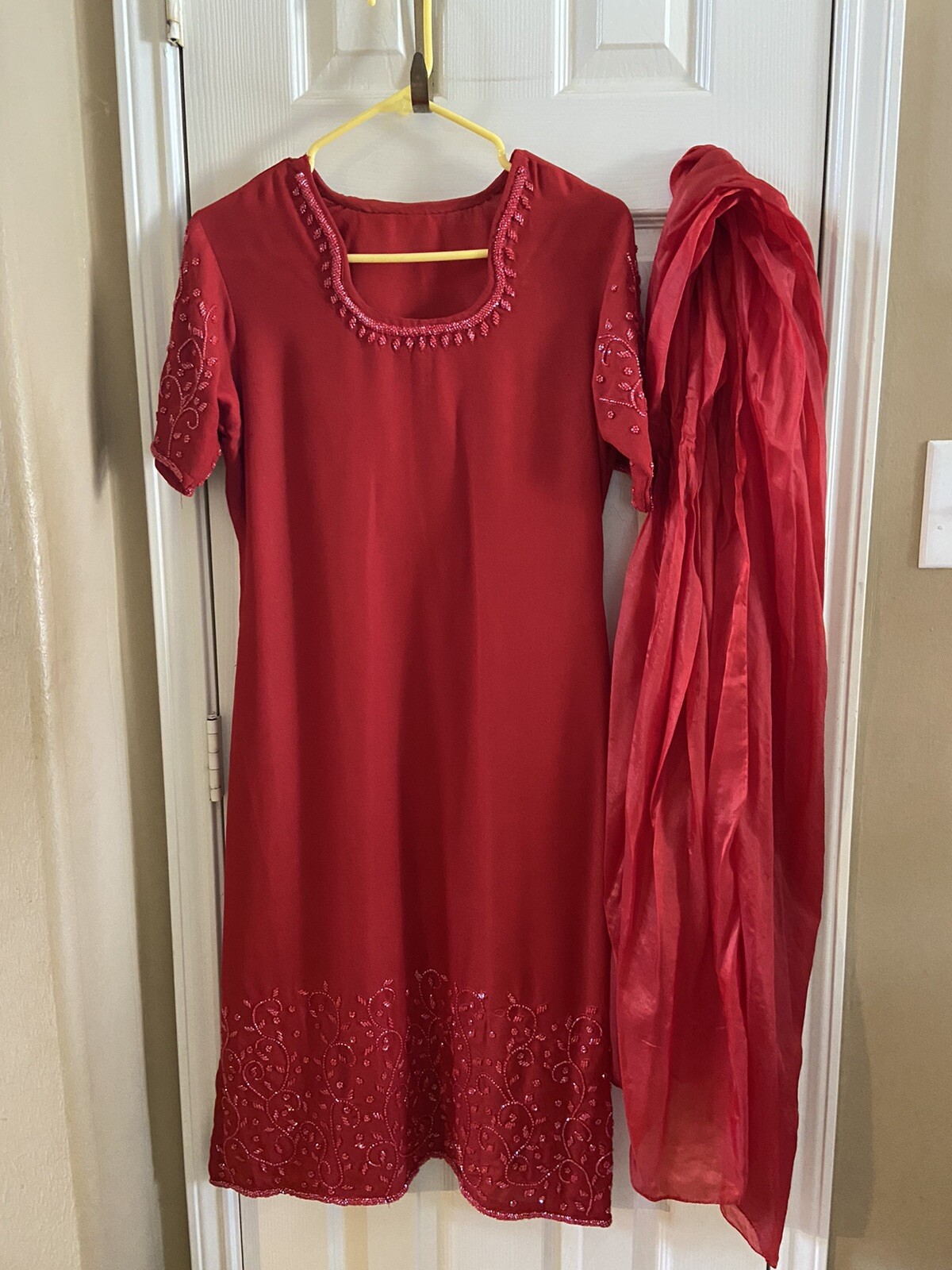 Indian Pakistani Women Red Sequins / Moti Work Party Wear Suits