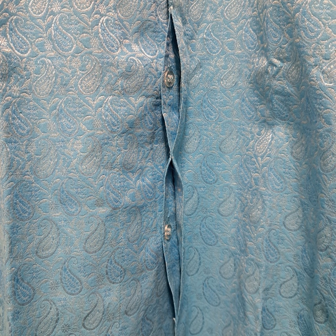 NWT Manyavar Kurta Mens Medium M 38 Blue Paisley Jacquard Silk Indian Pakistani