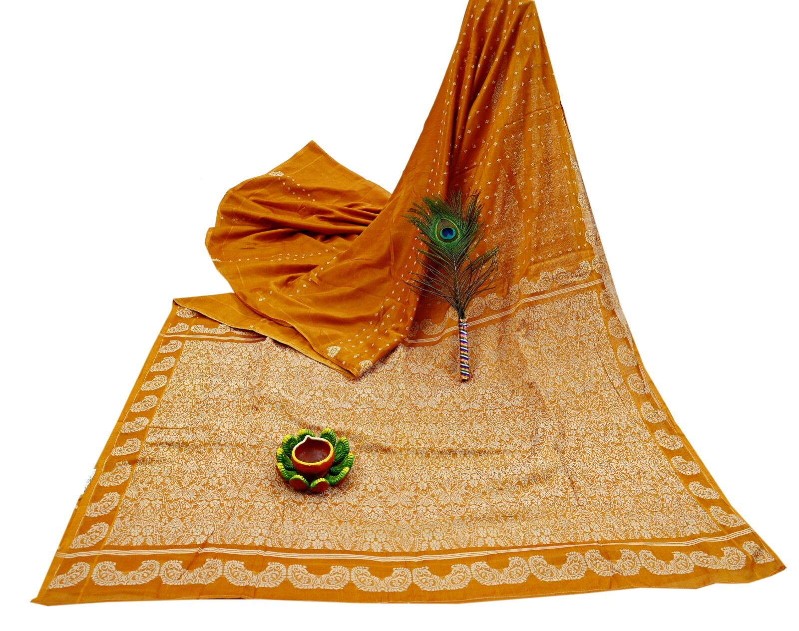 Indian Vintage Sari Saffron Artificial Silk Hand Woven Saree Fabric 5yard Sewing