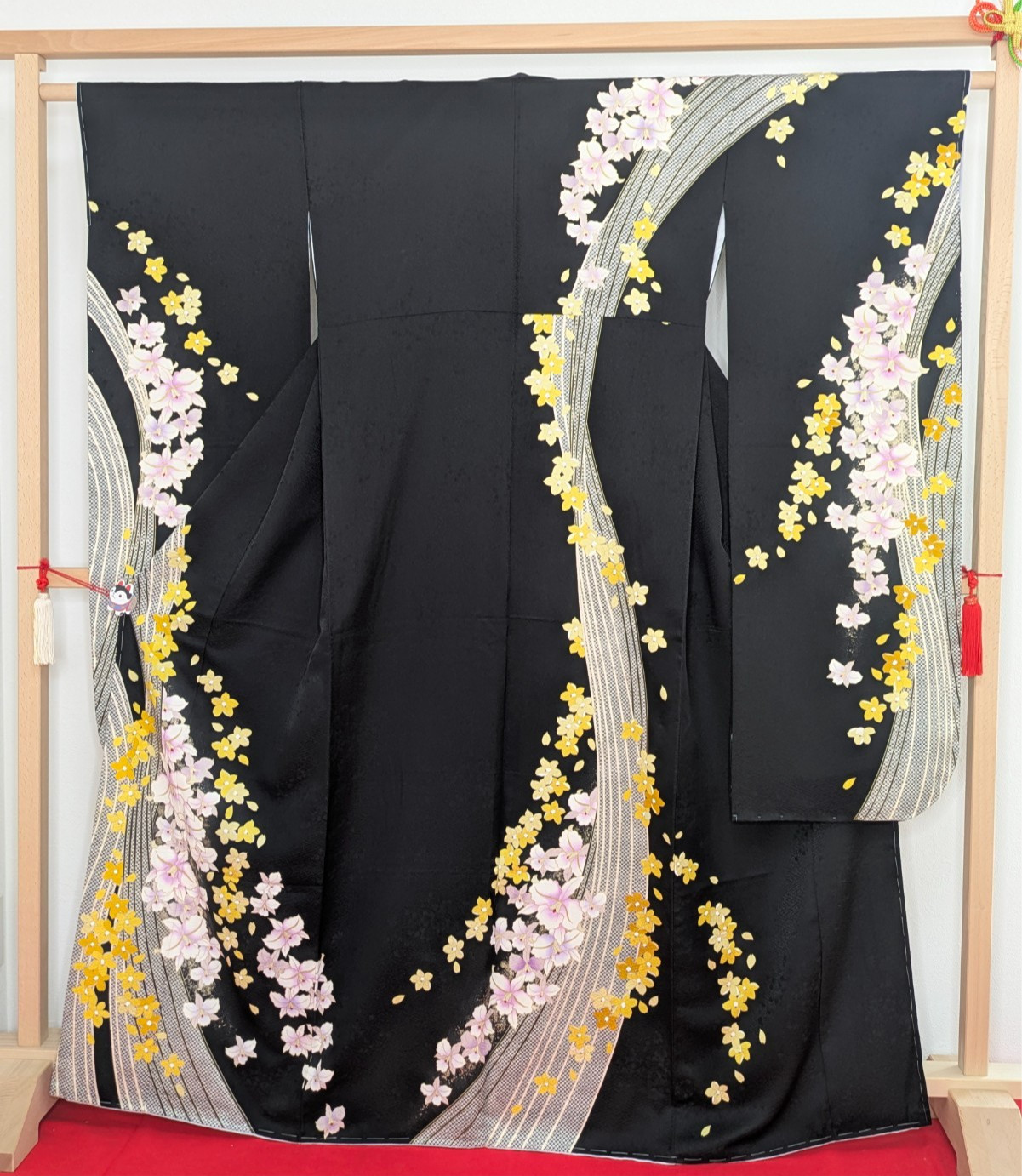 Japanese Kimono Silk Furisode Black Yellow & Purple Flowers Vertical Waves Art