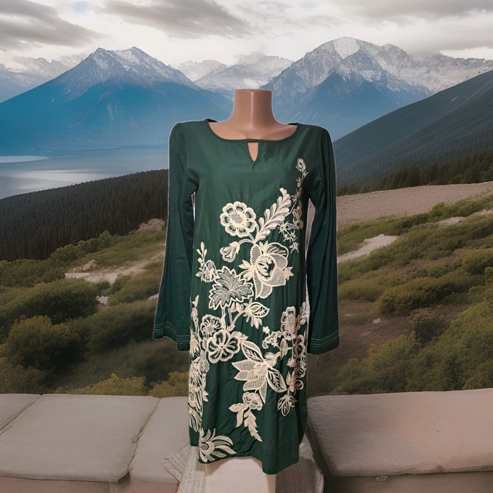 LimeLight Embroidered Ethnic Kurti Tunic Green Silk Blend M (S) Boho Dress