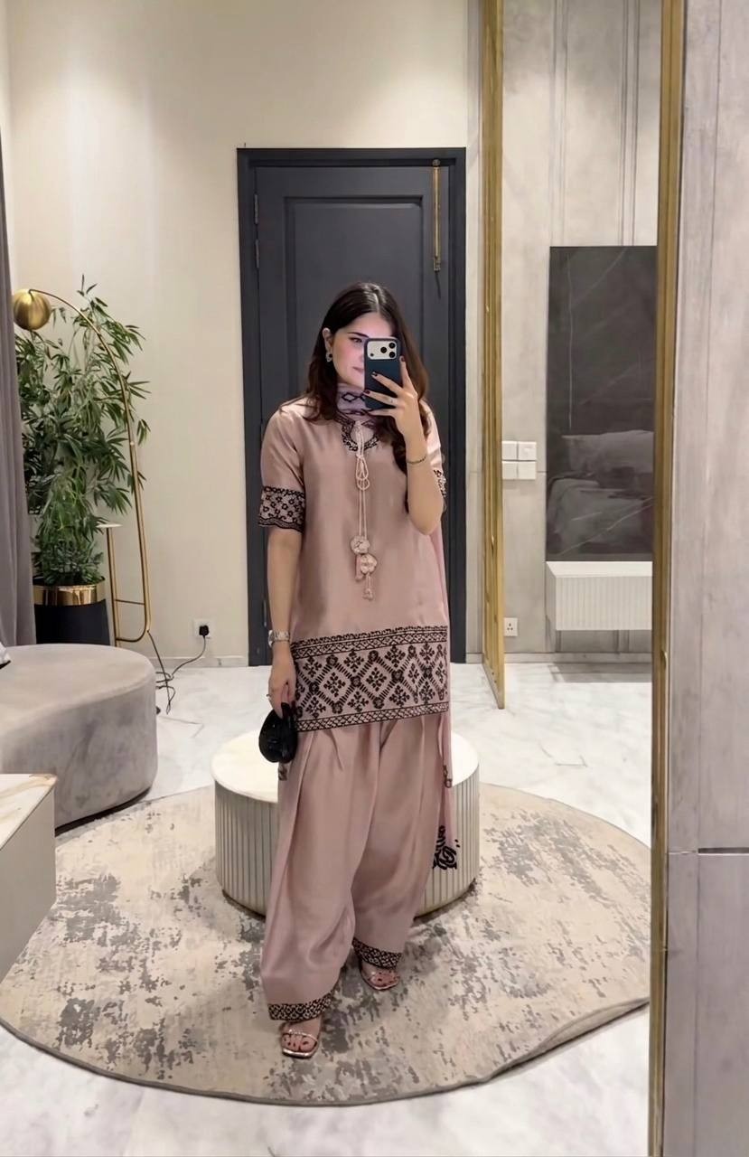 Beige Farshi Salwar Suit Embroidered Crepe Silk Ethnic Set