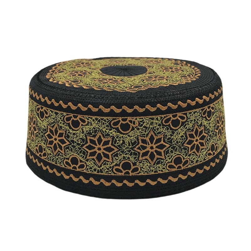 Embroidery Embossed Turban Hat for Men Breathable Islamic Kufi Round Skull Hats